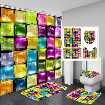 180 * 180cm Duş Perdesi renkli Çizgili Mozaik Desen Banyo Perdeleri Seti Banyo Paspasları Kilim Tuvalet kapak kaymaz Halı
