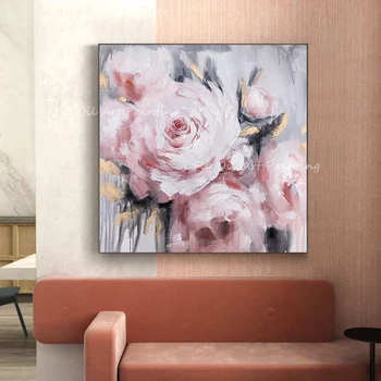 en iyi el boyalı renkli pembe çiçek kare resim sanat kalın Yağlıboya Sundurma Koridor Oturma Odası İçin Sanat Hediye
