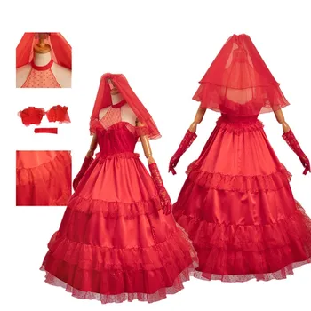 Film Böceği Cos Suyu Lydia Cosplay Kostüm Kadınlar Kırmızı gelinlik Peçe Eldiven Elbise Kıyafetler Cadılar Bayramı Karnaval Parti Elbise