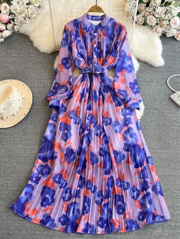 FTLZZ Sonbahar Kış Kadın O-Boyun Puf Kollu Düğme uzun elbise Vintage Lady Çiçek Baskı Elbise Pilili evaze elbise Kemer ile