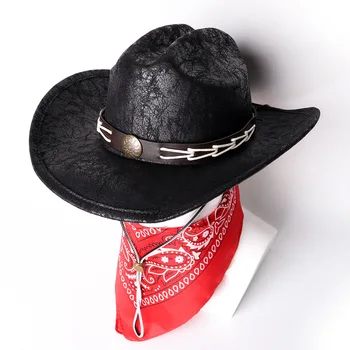 Kırık tarzı kovboy şapkası Suni deri vintage beyefendi caz şapka erkek Panama kovboy şapkası rüzgar geçirmez halat batı