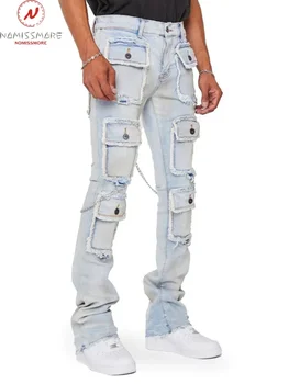 Moda Erkekler Düz Renk İnce Kot pantolon Patchwork Tasarım Cepler Zincir Dekor Yüksek Bel Rahat Düz Uzun Pantolon