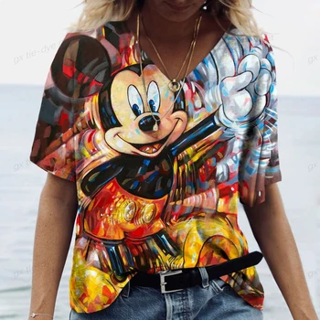 Yaz Kadın Kısa Kollu V Yaka bol tişört Kadınlar için Moda Bayan T-shirt 3d Disney Mickey Mouse Baskı Üst günlük kıyafetler